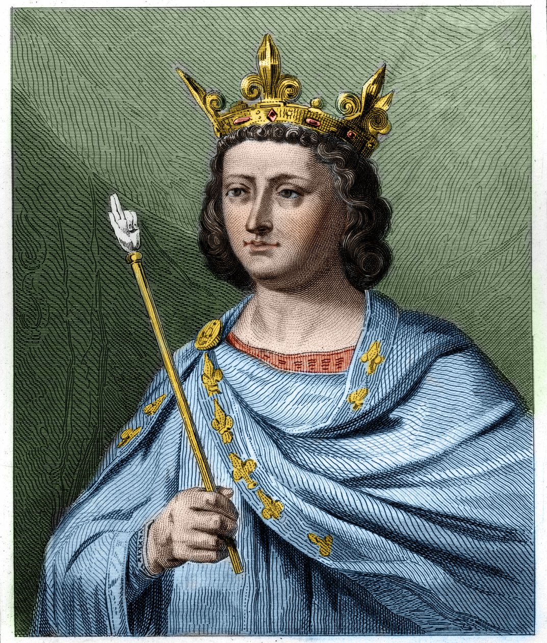 X. Lajos le Hutin (1289 - 1316), francia király portréja – Lavallee „Histoire des Francais”-jában, metszet, sd. alkotó: French School