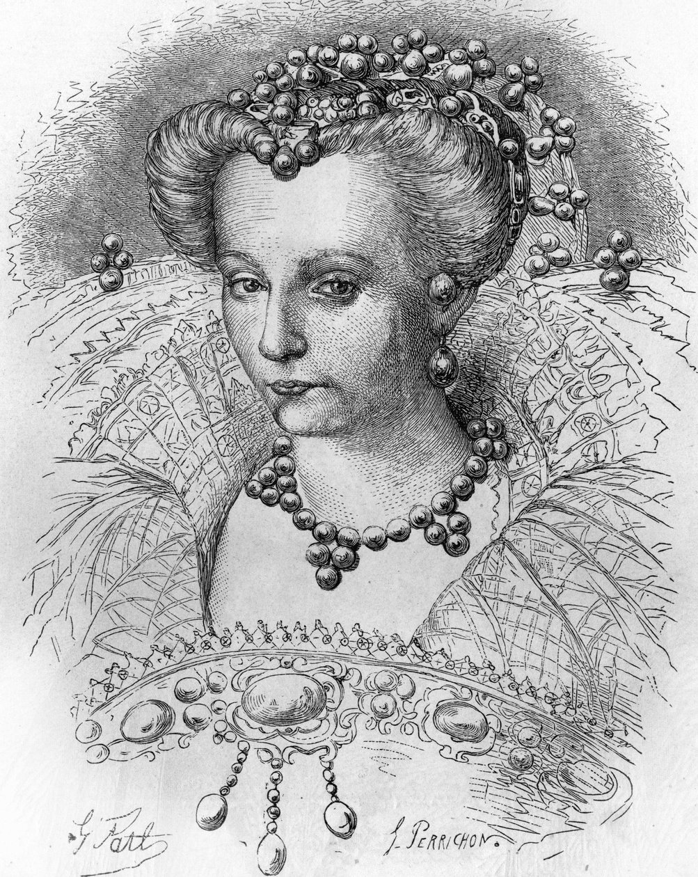 Louise de Lorraine (1553-1601), Henri III feleségének portréja. „Franciaország népszerű története” c. 1885 körül. Metszet. alkotó: French School