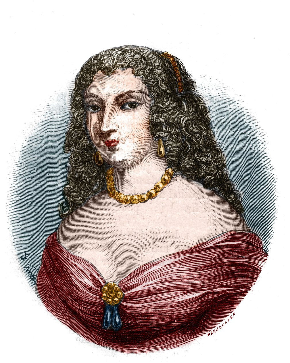 Mademoiselle de la Fayette (Louise de La Fayette 1618-1665) úrnő portréja címben, de XIII. Lajos király funkciói nélkül látta az apa tehetetlenségét”” Metszet a „Histoire des papes-kings-queens-et-mpereurs a travers les századok””” szerzője: Mau alkotó: French School