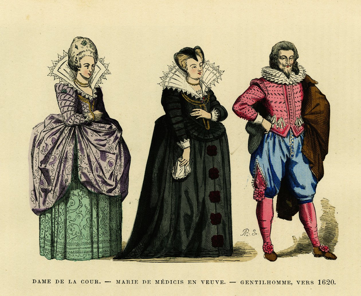 Marie de Medicis (1573-1642), francia királynő portréja, özvegyi szokásban, udvarhölgy és egy úriember körülvéve, 1620 körül. Színes metszet, „France et les francais a travers les siecles”-ben. Augustin Challamel, F. Roy szerkesztő, Paris 18 alkotó: French School