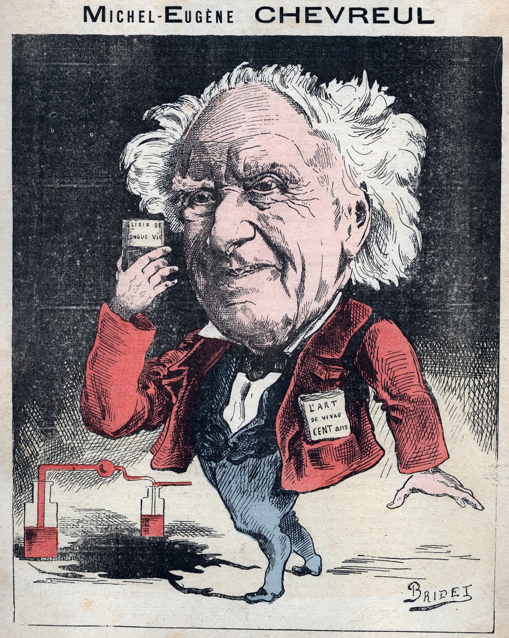 Michel Eugene (Michel-Eugene) Chevreul (1786-1889) francia kémikus portréja - Bridet karikatúrája a „Les Hommes d