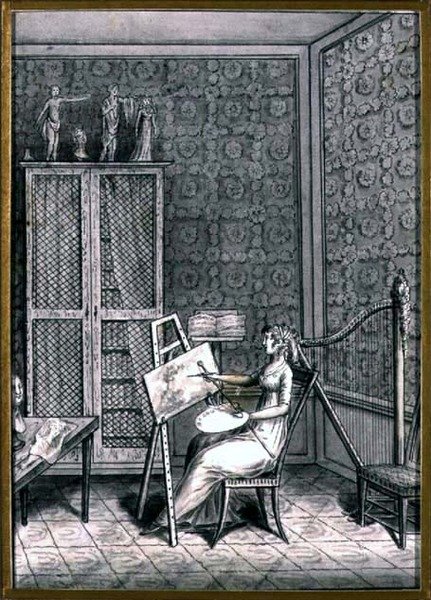 Mme portréja. Marie-Anne-Marguerite Gerard (1761-1837) a stúdiójában, 1790 körül (toll és tinta mosás papíron) alkotó: French School