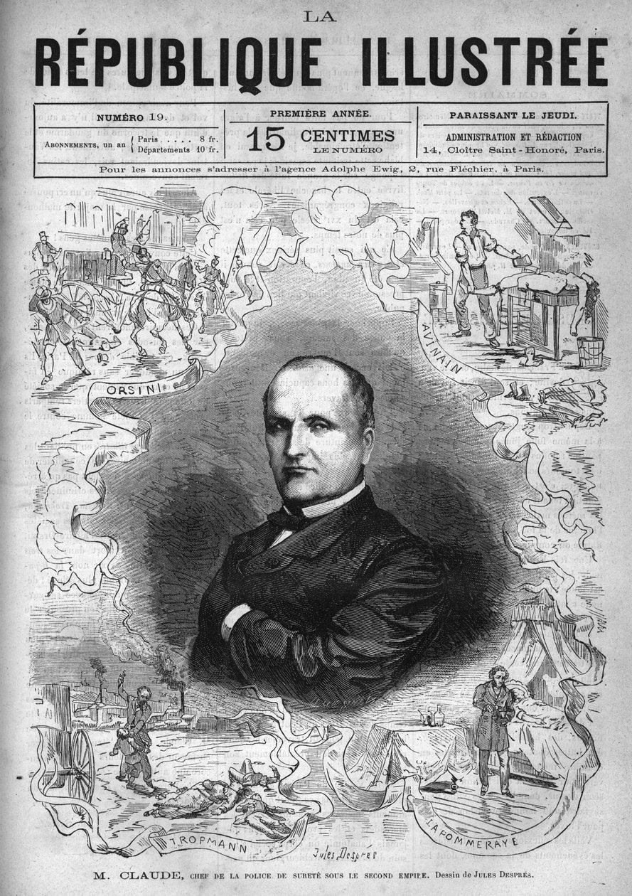 Monsieur Claude (Antoine Francois Claude dit) (1807-1880), francia rendőr és író, a Második Birodalom biztonsági rendőrségének főnöke portréja. Egy újság. Metszet 1880-ból a „La republique illustree”” magángyűjteményben. alkotó: French School