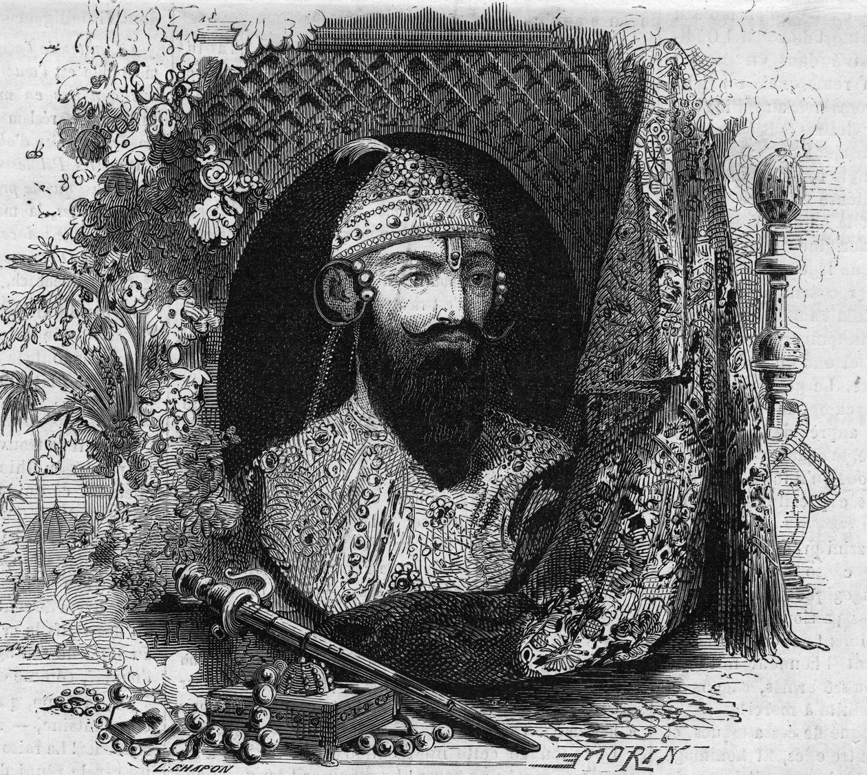 Nana Saheb (Nana Sahib) (igazi nevén Dhundu Pant) (kb. 1820-?) portréja, az indiai Cipayas gyarmatiellenes lázadásának feje. Metszet a „” Le Monde Illustré”” 331. számában, 1863. augusztus 15. alkotó: French School