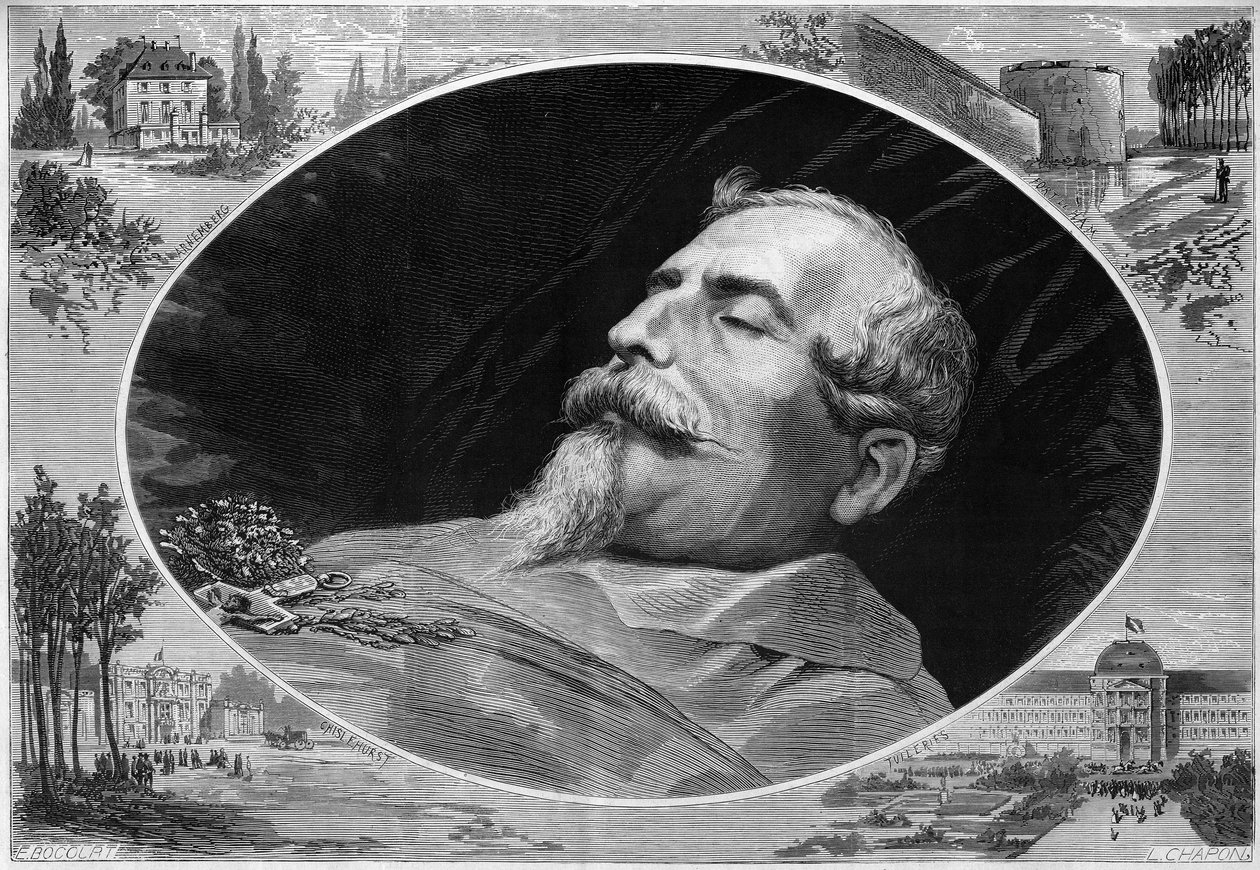 III. Napóleon (1808-1873) portréja halálos ágyán. Metszet a „” Le Monde Illustré”” 824. számban, január 25 alkotó: French School