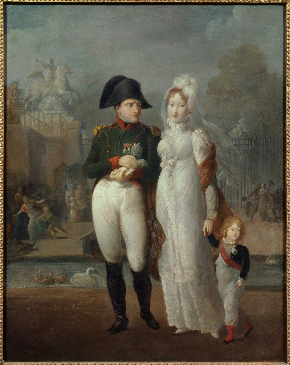 I. Napóleon (1769-1821) és Mary Louise portréja fiukkal, II. Napóleon római királlyal, Reichstadt hercegével a Tuileriák-kert névtelen festményén. 19. századi magángyűjtemény - I. Napóleon (1769-1821) és Marie Louise portréja alkotó: French School