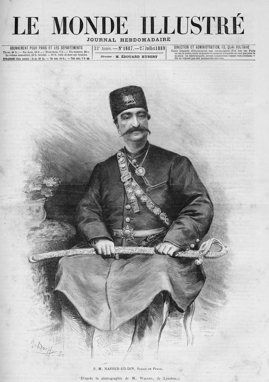 Nasszer Ed Din (1831-1896), perzsa sah (Irán) portréja. Más néven Nasseredin Shah, Nasserer-al-Din Shah Qajar, Nasser al-Din Shah Qajar, Nasiruddin Shah. A „Le Monde Illustré” című újság egyik sz. július 27-i 1687 alkotó: French School