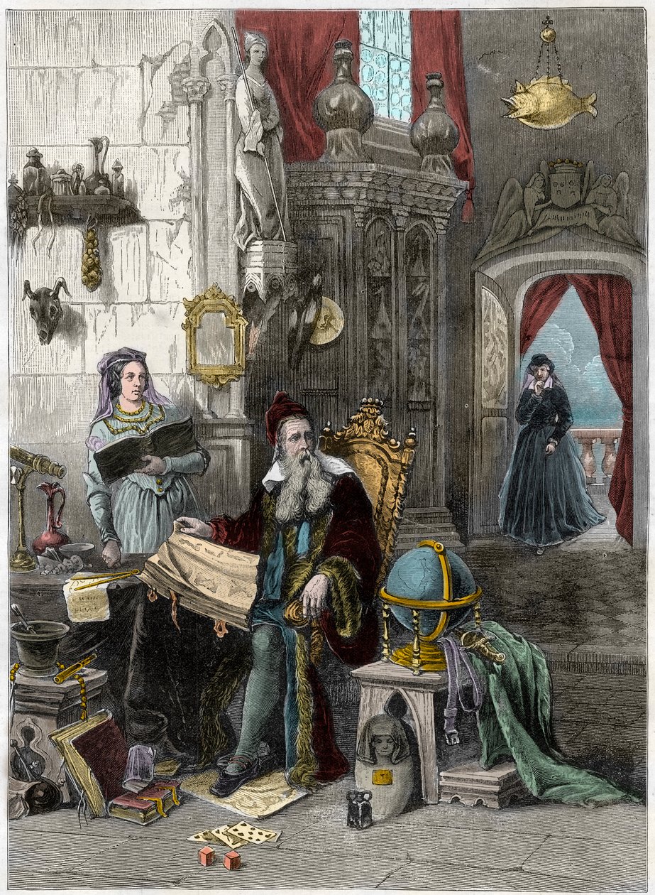 Nostradamus portréja, Michel de Notre Dame (1503-1566) francia asztrológus és orvos Catherine de Medicis-szel (Caterina de Medici) (1519-1589) - 19. század (metszet) alkotó: French School
