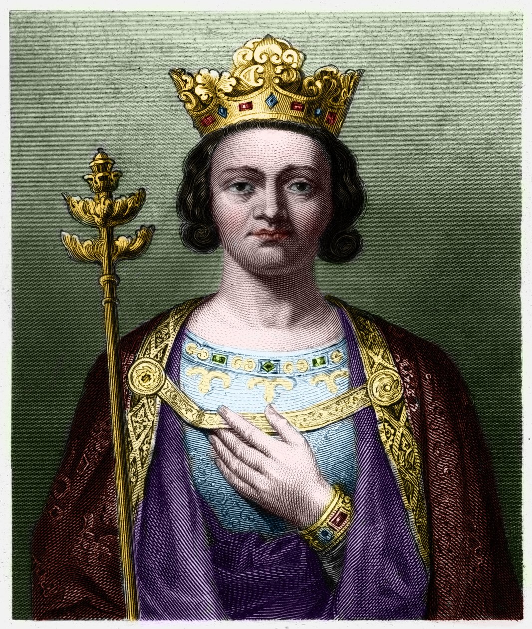 V. Hosszú Fülöp (1294 - 1322), francia király portréja – Lavallee „” Histoire des Francais” című könyvében, metszet, sd. alkotó: French School