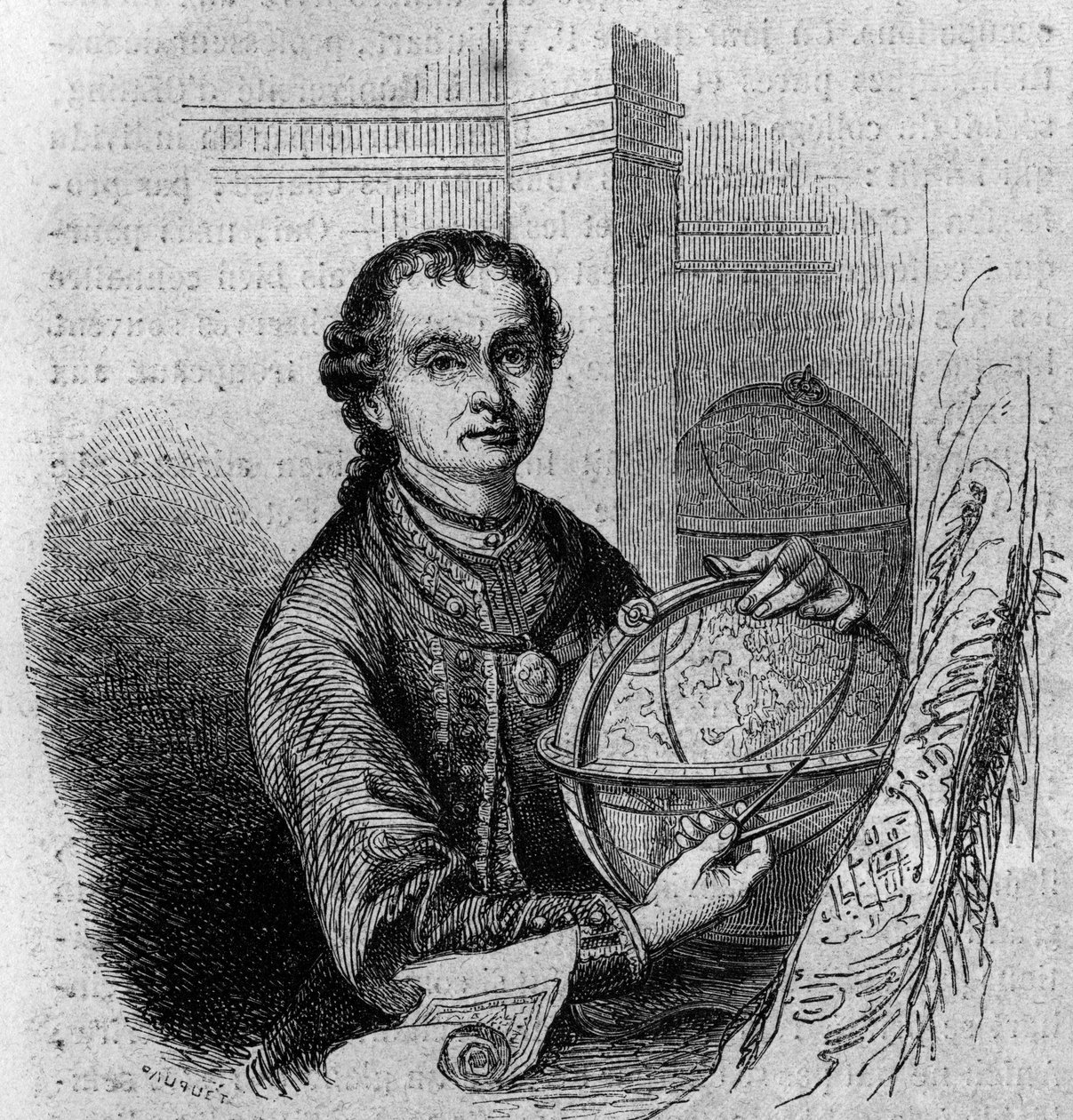 Pierre (Peter) Anich (1723-1766), tiroli csillagász és térképész portréja, aki földgömböt és iránytűt tart a kezében. Metszet a „Le Magasin festői”-ben alkotó: French School