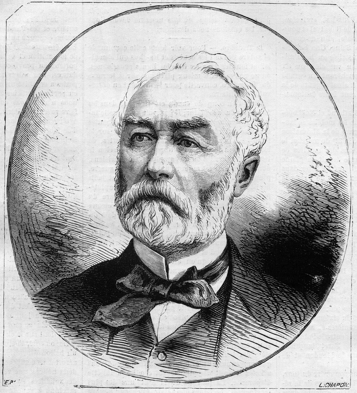 Pierre Frederic Dorian (1814-1873) portréja, francia politikus, a Harmadik Köztársaság közmunkaügyi minisztere 1870-ben. Metszet a „Le Monde Illustré” 707. számában, október 29. alkotó: French School