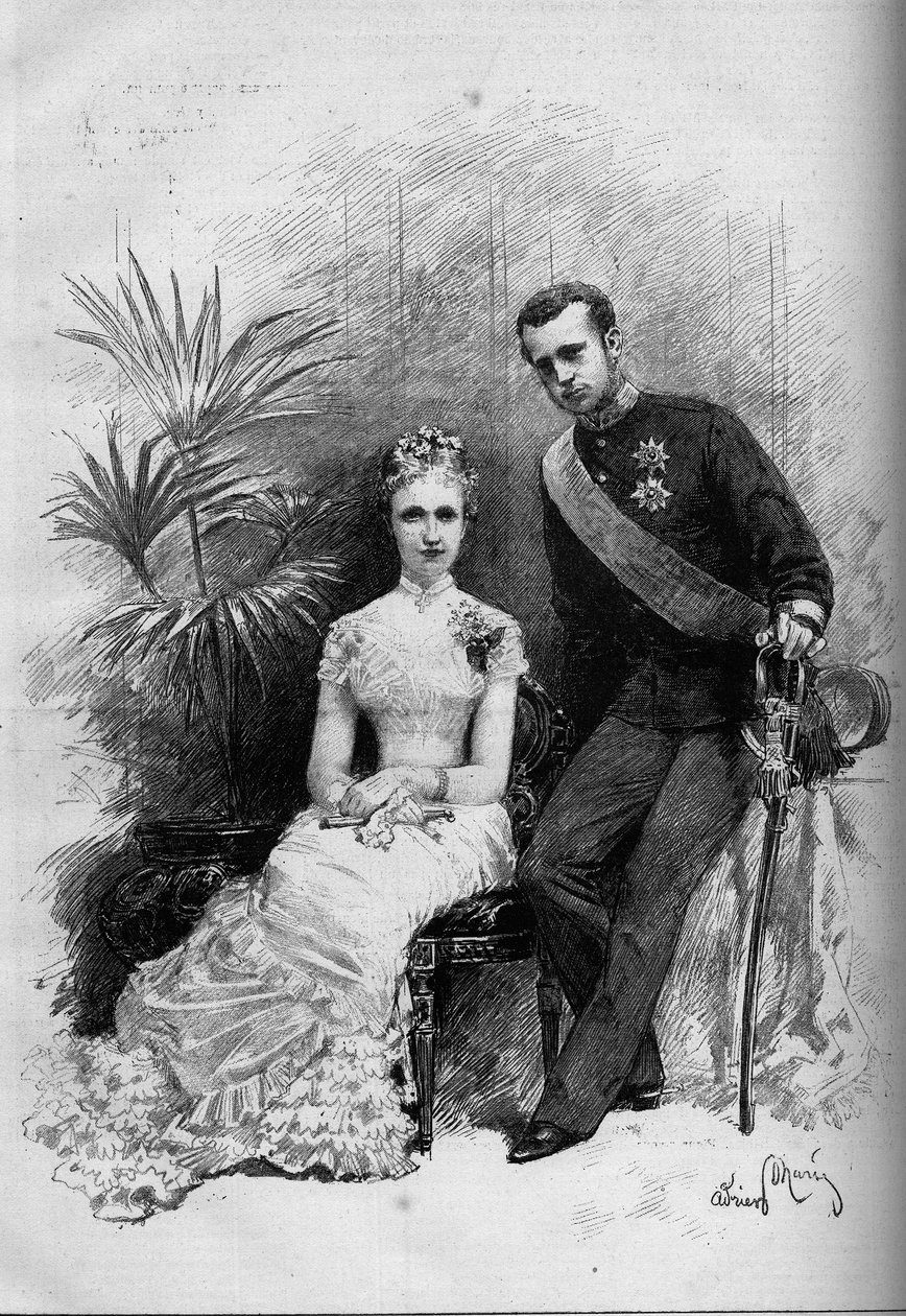 Stephanie belga hercegnő (1864-1945) és Rodolphe osztrák főherceg (1858-1889) portréja. Metszet a „” Le Monde Illustré”” 1209. számában, 1880. május 29. alkotó: French School