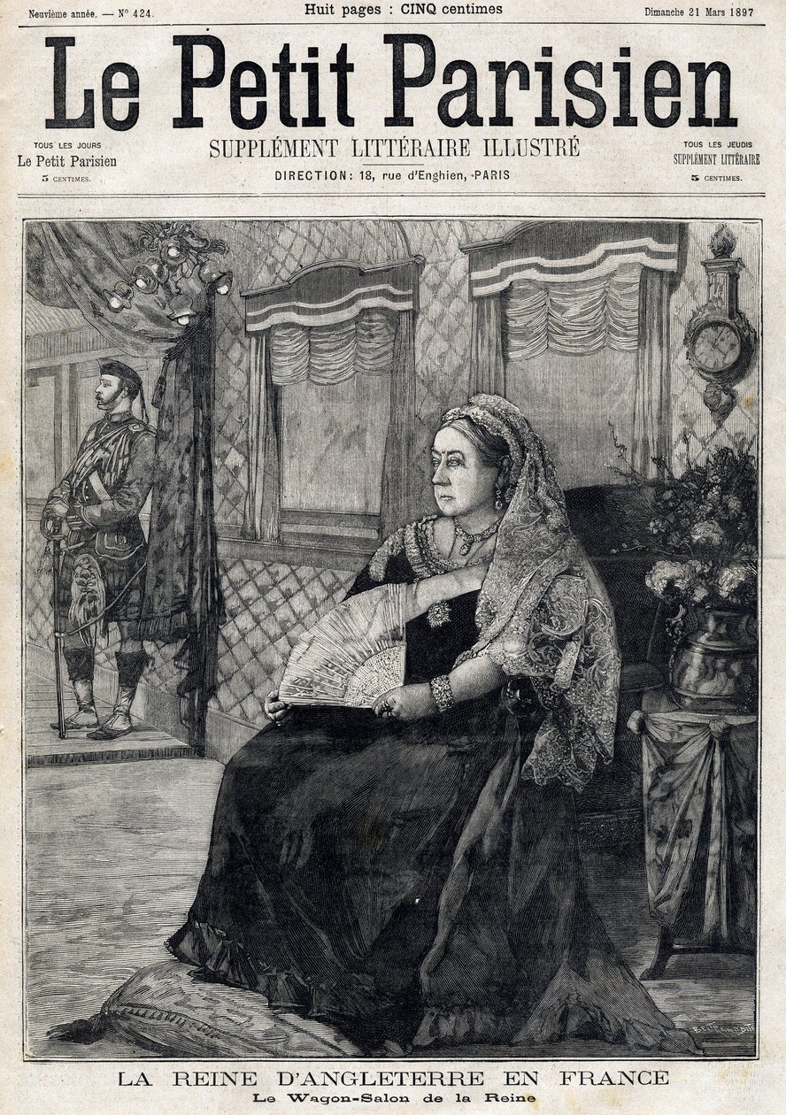 Viktória angol királynő (1819-1901) portréja, aki Franciaországon keresztül utazik vagonszalonjában. A Le petit Parisien francia újság címlapja. március 21 alkotó: French School