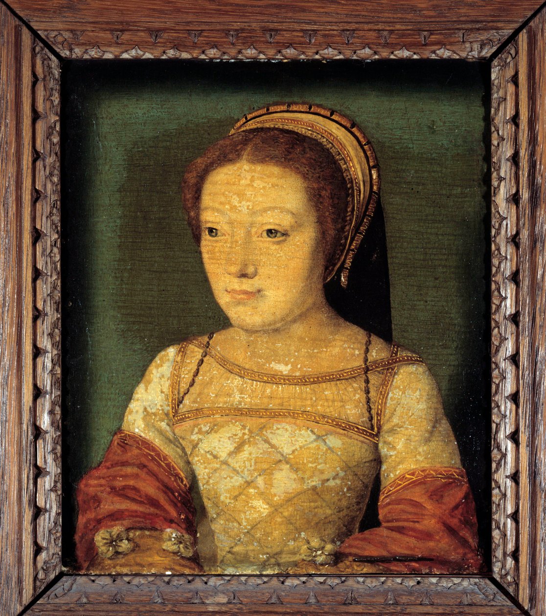 XII. Lajos ferrarai hercegnő (1510-1575) lánya, francia Renée portréja. Olaj, fa, 0,16 x 0,13 m. névtelen festmény. századi francia iskola. alkotó: French School