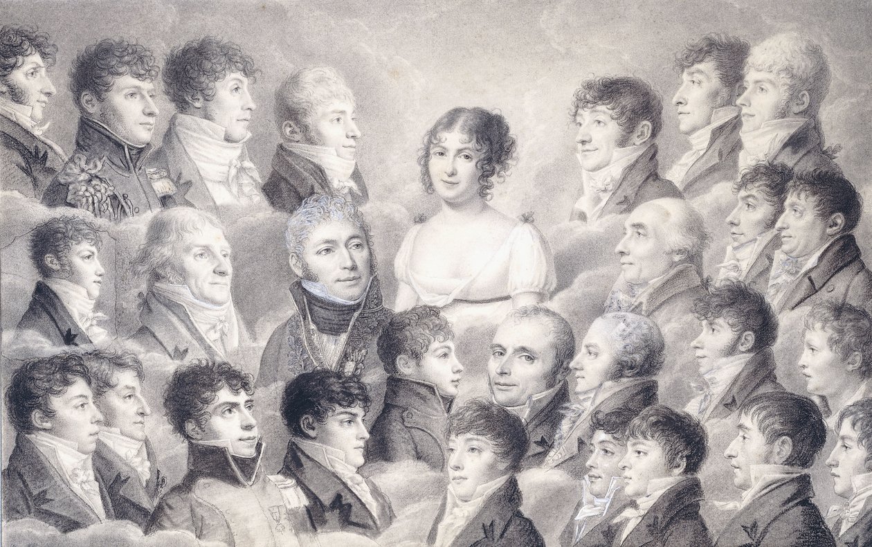 Egy fiatal hölgy portréja, tisztelőivel körülvéve, alkotó: French School