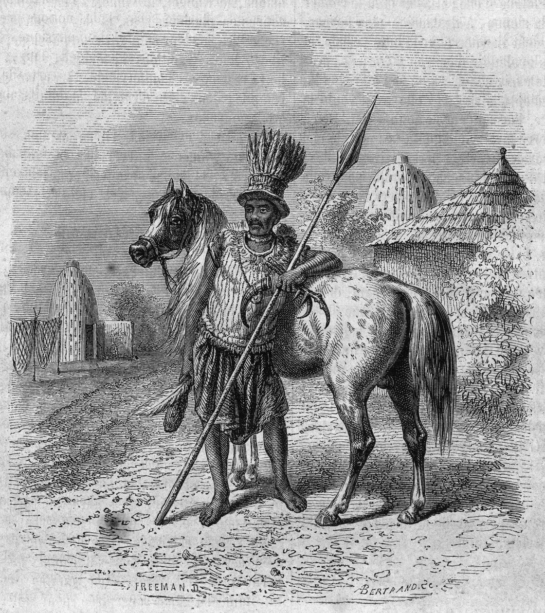 A Mousgou törzs vezetőjének portréja Közép-Afrikában, 19. század közepe. Freeman gravírozása a „" The Picturesque Magasin"-ban alkotó: French School