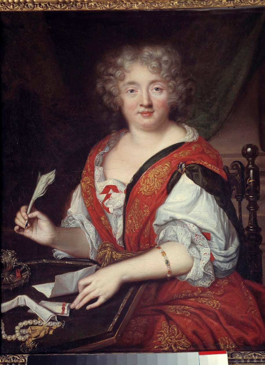 Egy író nő portréja, akit korábban Madame de Sevigne-ként (1626-1696) azonosítottak Fél kar magasságban karkötőt visel. Anony alkotó: French School
