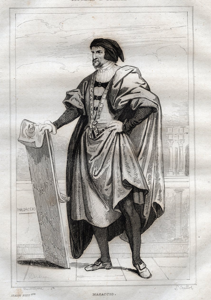 Masaccio (Tommaso di Giovanni Cassai) olasz festő portréja (1401-1428) - Metszet a „festői” Olaszországból – Olaszország történelmi és leíró festménye”, M. de Norvins, Ch. Nodier 1834-1836. alkotó: French School