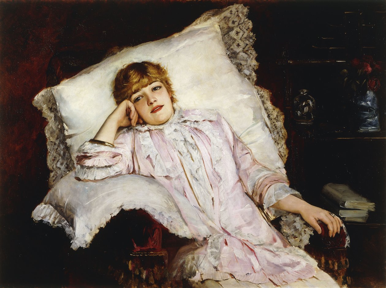 Jeanne Samary színésznő portréja ülő háromnegyed hosszúságban, alkotó: French School