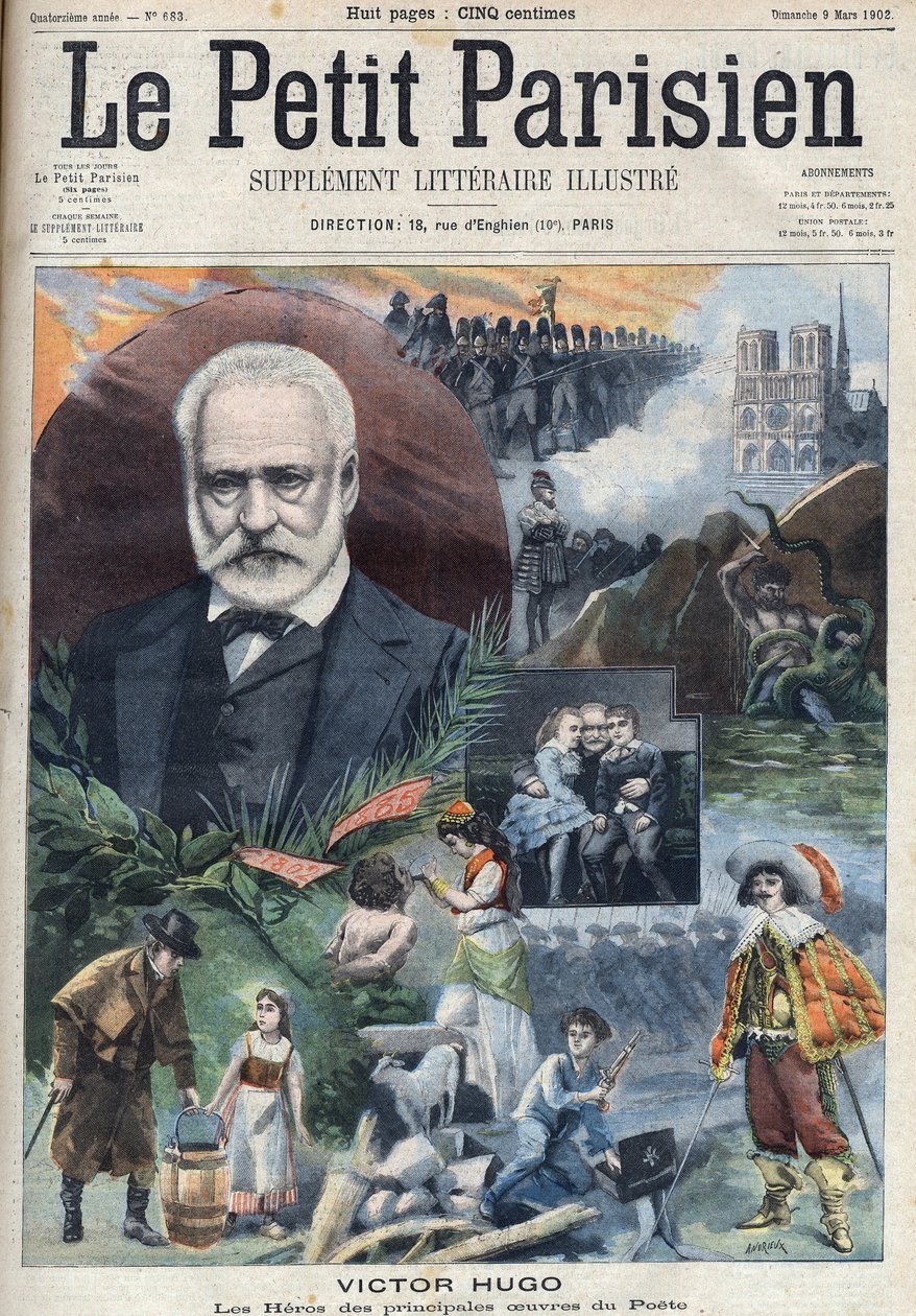 Victor Hugo (1802-1885) francia író portréja főbb műveinek illusztrációival. "Le petit Parisien" metszet alkotó: French School
