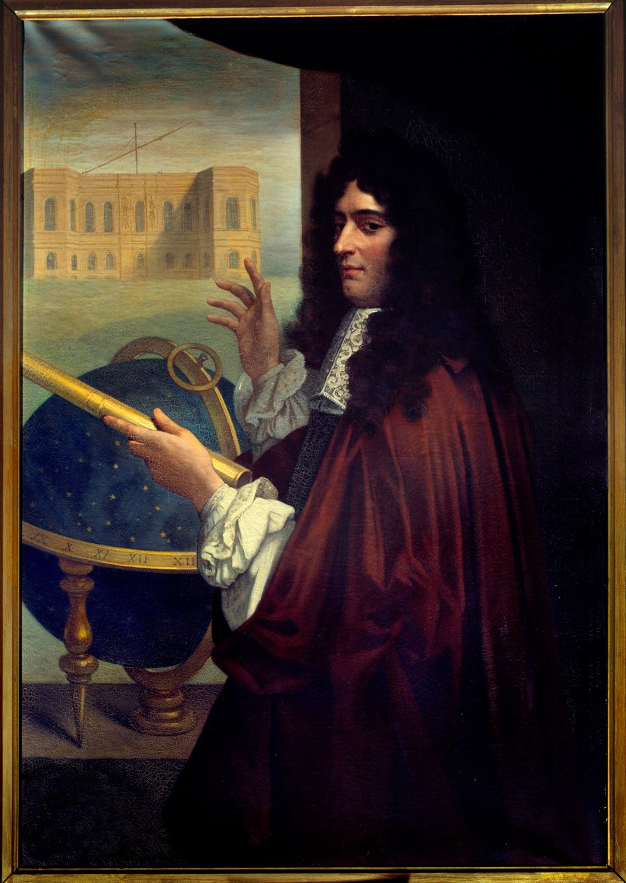 Jean Dominique Cassini (1625-1712) olasz csillagász portréja a Párizsi Obszervatórium előtt. A francia iskola névtelen festménye alkotó: French School