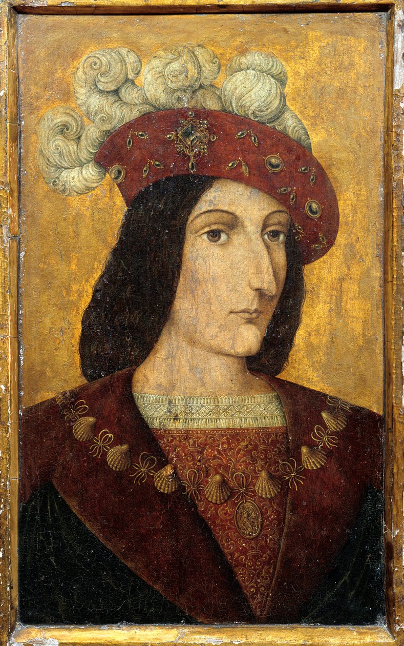 VIII. Károly francia király portréja (1470-1498) A francia iskola fára készült festménye. 15. századi Chateau de Langeais alkotó: French School