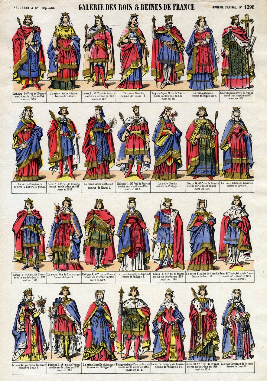 Franciaország királyainak és királynőinek portréja a Capetian dinasztiától (Capetian dinasztia) Lothaire-től (941-986) X. Lajosig, Hutinig (1289-1316). Epinális képalkotás a 19. század végéről. Magángyűjtemény. alkotó: French School
