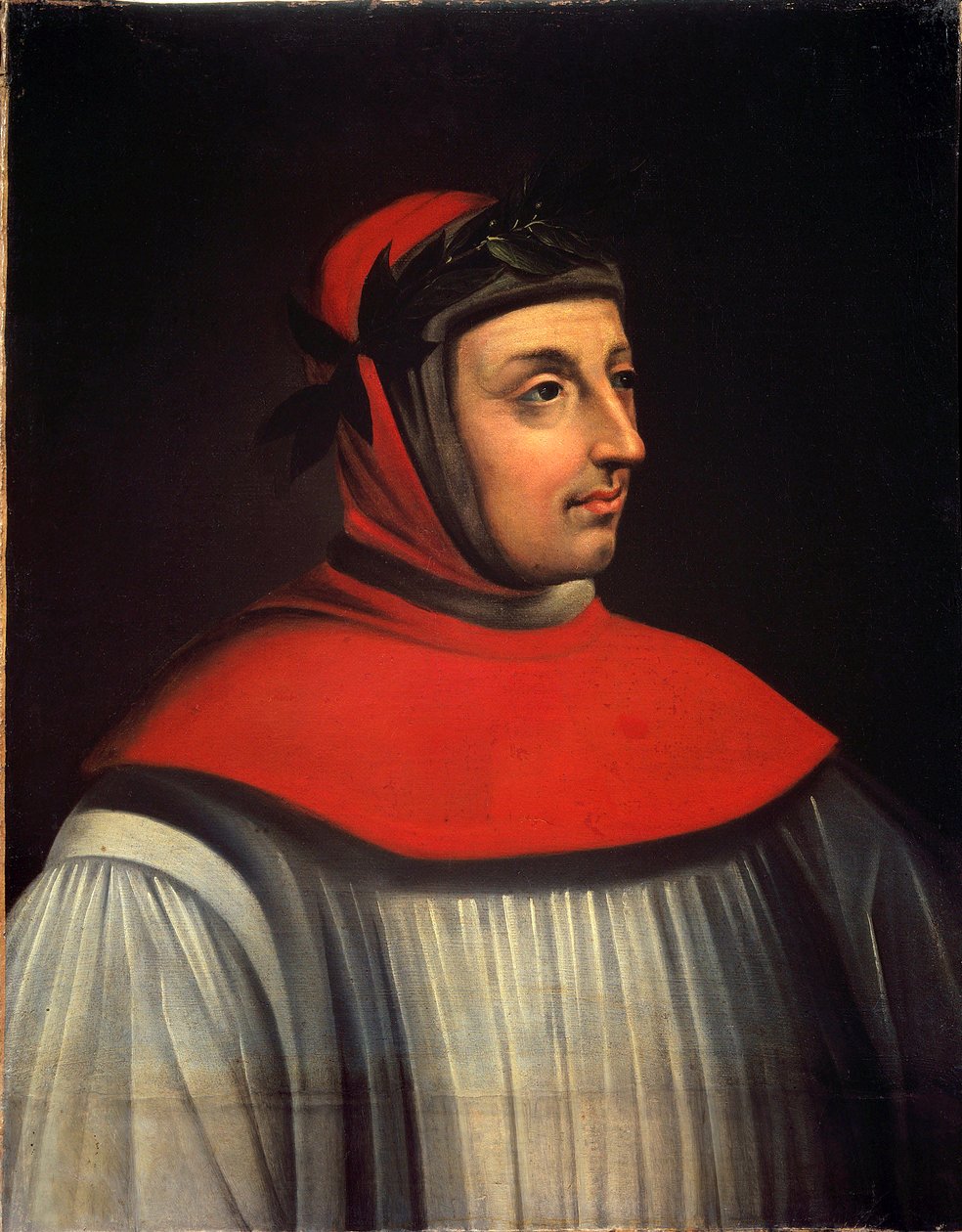 Francesco Petraca dit Petrarque (1304-1374) költő portréja A 17. századi francia iskola festménye. Homályos. 0,73 x 0,57 m Versailles. Musee Du Chateau – Francesco Petrarca, Petrarka (1304-1374) költő portréja. A franciák festménye alkotó: French School