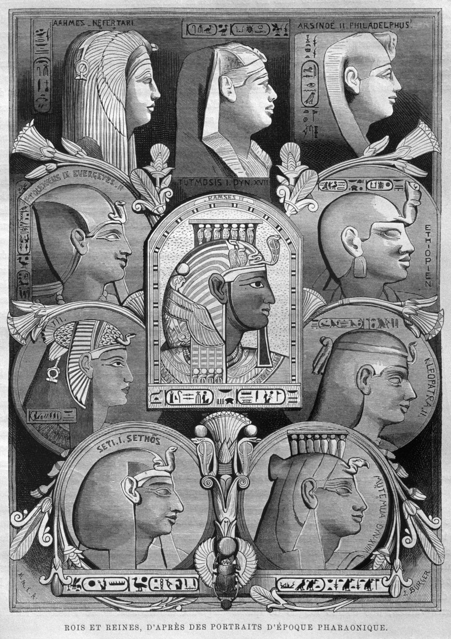 Az ókori egyiptomi királynők és királyok portréi, Georg Moritz Ebers (1837-98) Egyiptomból, 1881 (bw metszet) alkotó: French School