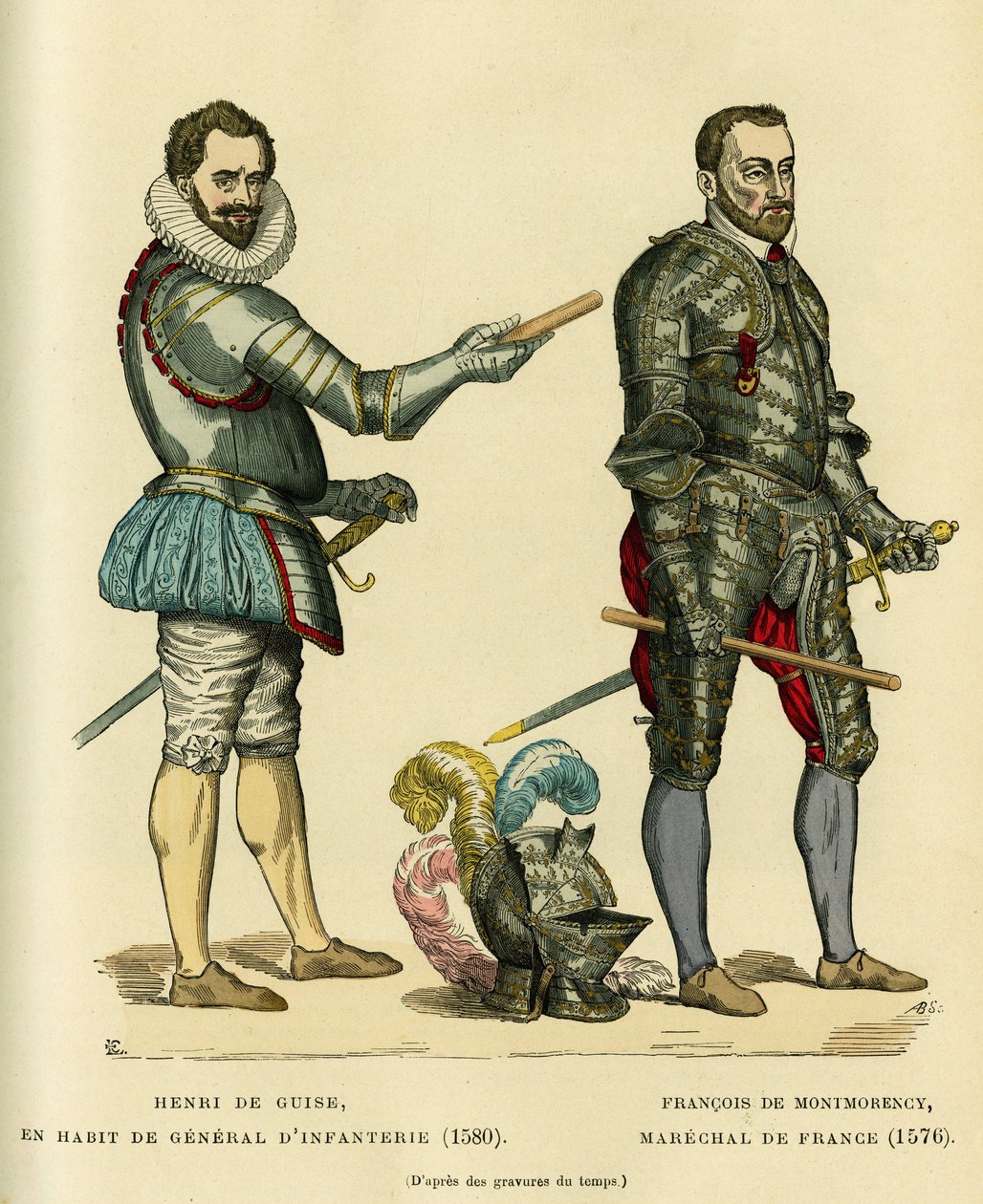 A Balafre néven ismert Henri I de Guise (1549-1588) portréi gyalogsági tábornok kabátjában 1580-ban és Francois de Montmorency (1530-1579), Franciaország marechalja 1576 körül. Színes metszet, a „France et les francais a travers les siecles”” írta Augu alkotó: French School