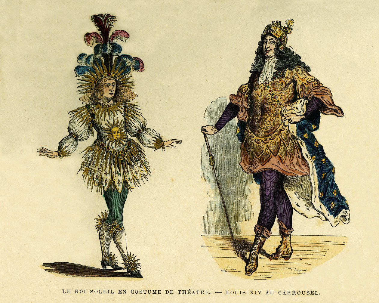XIV. Lajos király (1638-1715) portréi színházi jelmezben és körhintában. Színes metszet, „France et les francais a travers les centuries”-ben, Augustin Challamel, F.Roy szerkesztő, Paris 1882. Selva Collection. alkotó: French School