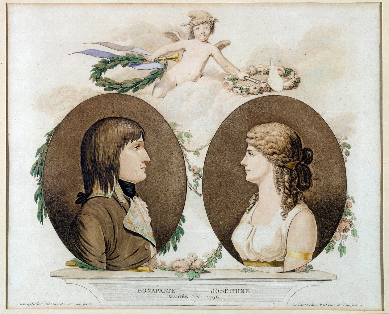 Napóleon Bonaparte (1769-1821) és Josephine de Beauharnais (1763-1814) 1796-ban házasodott portréi”” Anonymous akvarell 1800 körül. V 0,21x0,23 m Malmaison, musee du chateau alkotó: French School