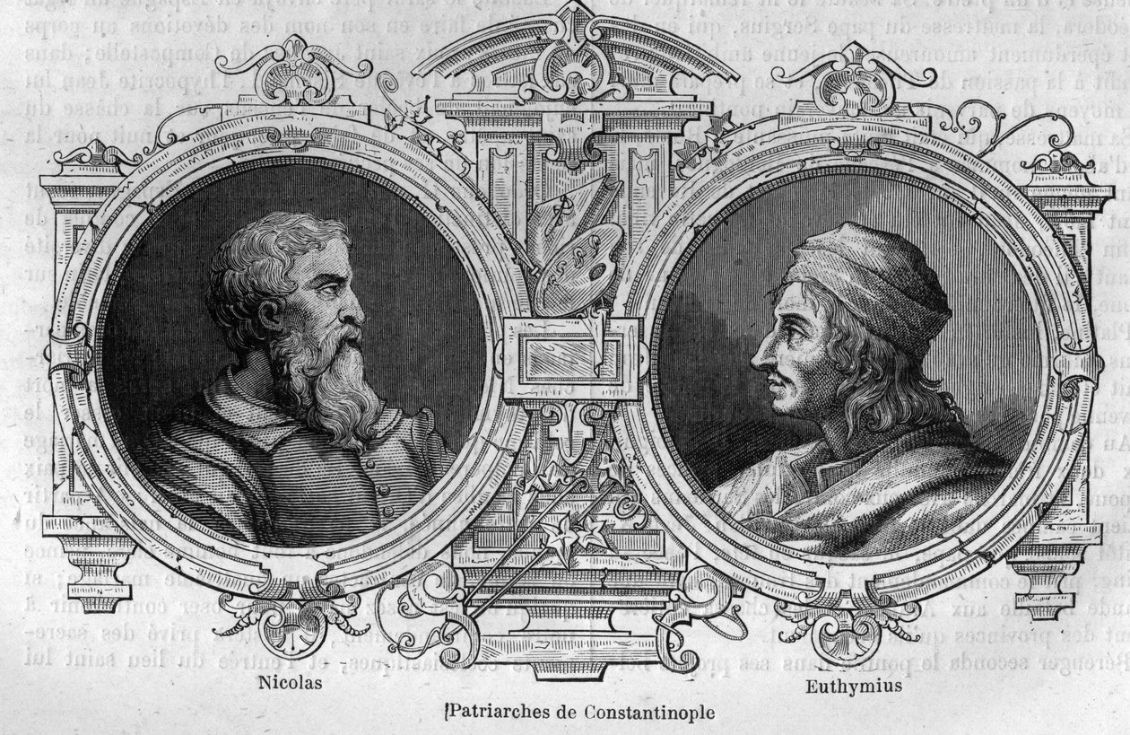A misztikus Miklós (10. század) és Euthymius of Athos (955-1028), Konstantinápoly pátriárkái portréi. Metszet a „Histoire des Papes-Rois-Queen and Empereurs a travers les centuries” című könyvébe, Maurice Lachatre alkotó: French School