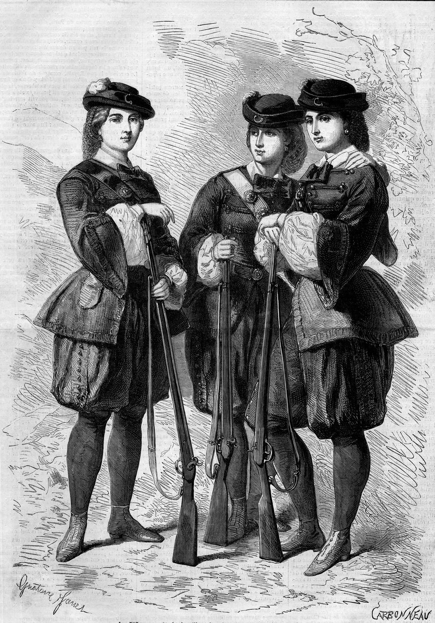 Puskásasszonyok portréi: önkéntes női zászlóaljak Angliában. Metszet a „” Le Monde Illustré”” 172. számában, 1860. július 28-án. alkotó: French School