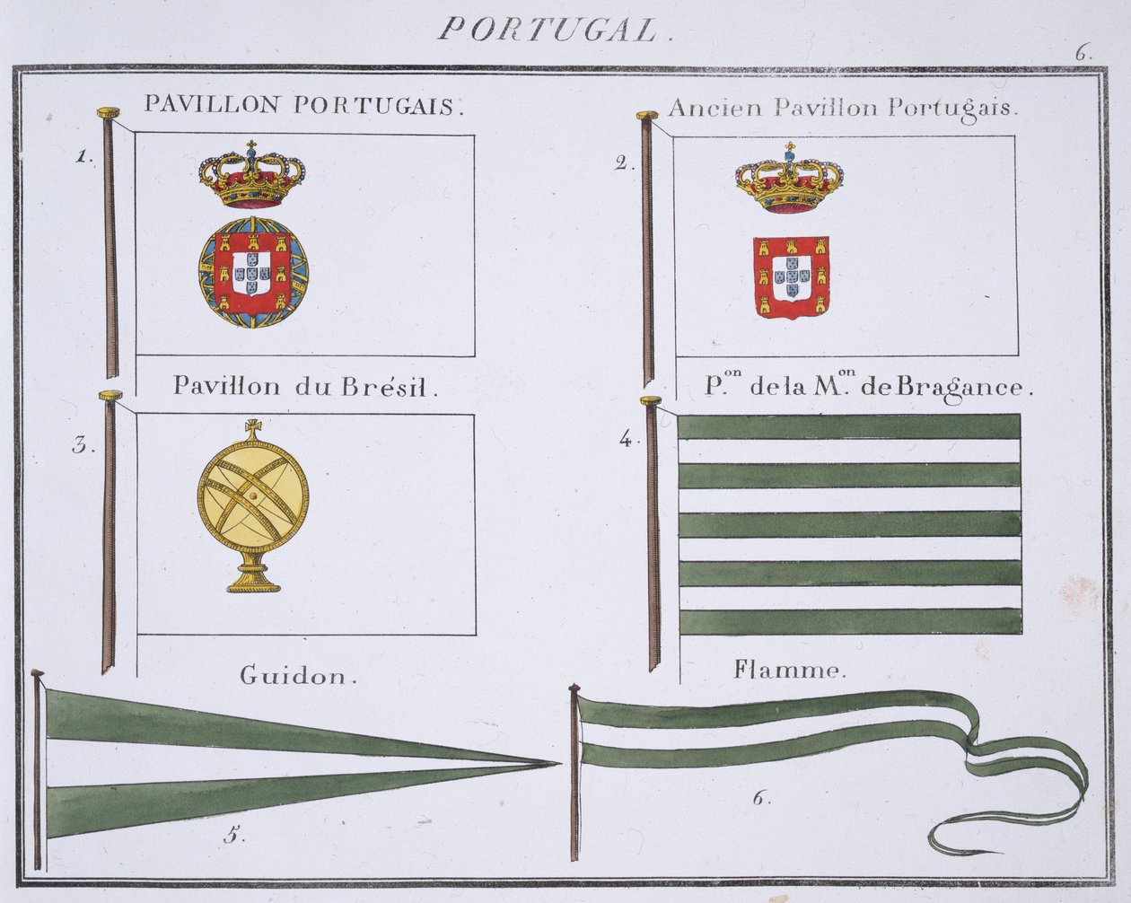 Portugál zászlók, egy francia zászlóskönyvből, 1819 körül alkotó: French School