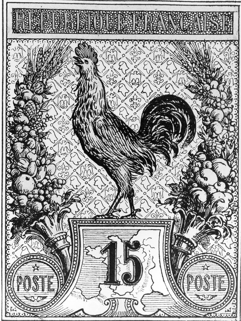 A francia kakast ábrázoló postabélyeg, a Francia Köztársaság jelképe, 19. század vége alkotó: French School