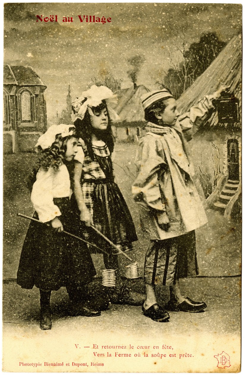 Képeslap: Karácsony a faluban, És a szívet bulivá varázsolják, a tanyára, ahol kész a leves. Phototype Bienaimé és Dupont, Reims (nyomtatott papír) alkotó: French School