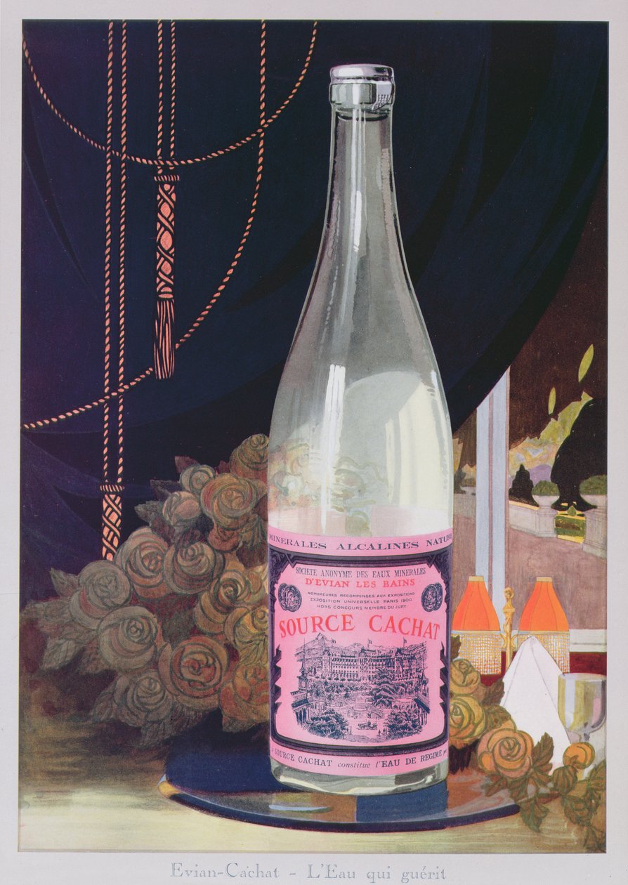 Evian vizet reklámozó képeslap a Cachat forrásból, 1906 alkotó: French School