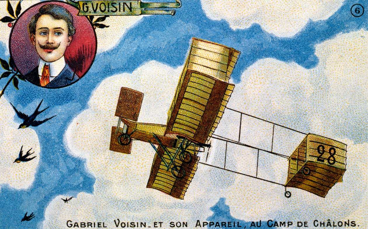Gabriel Voisin francia úttörő repülőt ünneplő képeslap az 1900-as évek elején (chromolitho) alkotó: French School