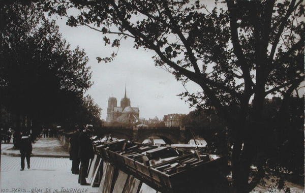 Képeslap bouquinista-kat ábrázoló Quai de la Tournelle mentén, Párizs, 1930-40 alkotó: French School