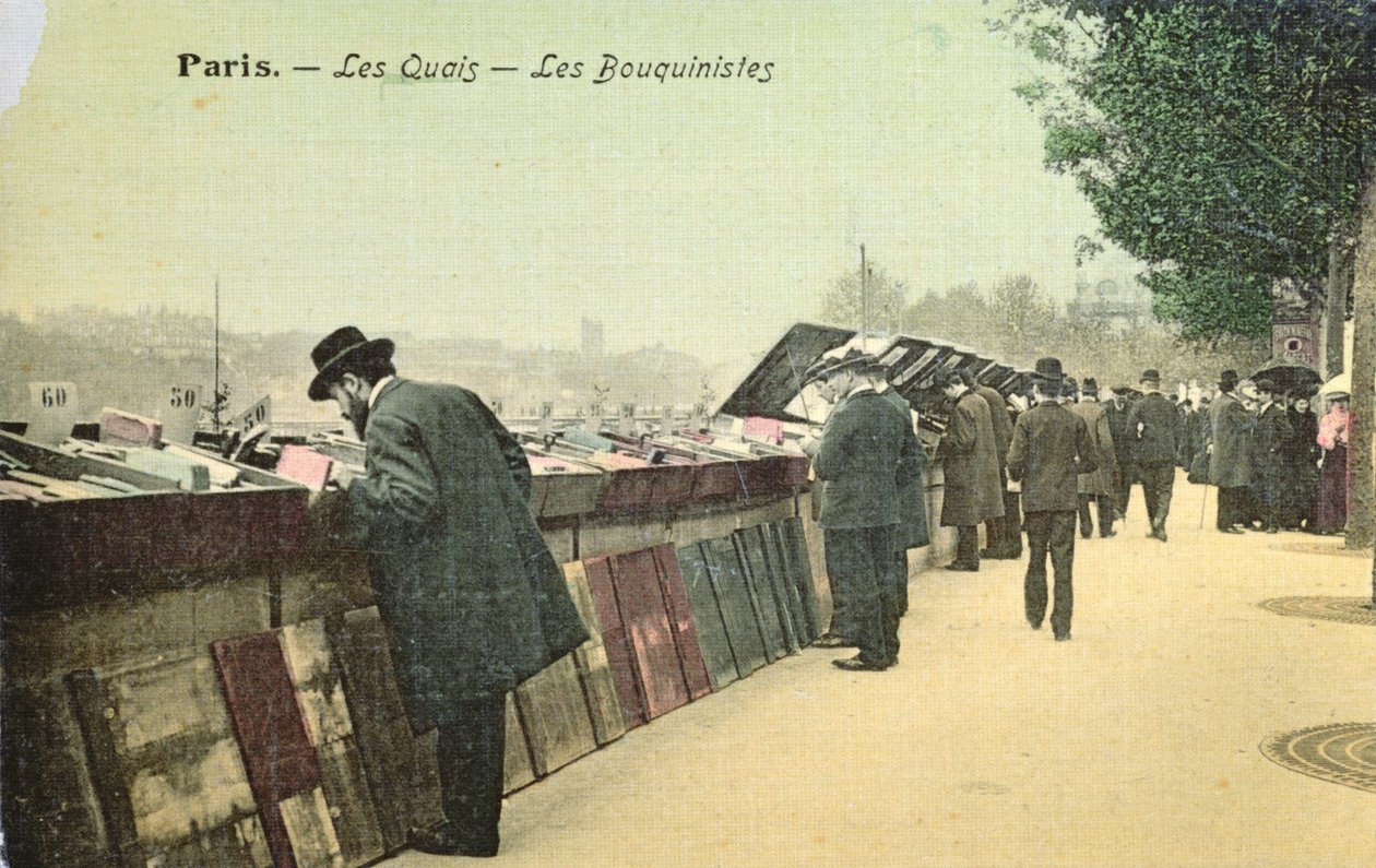 Képeslap bouquinistes-eket ábrázoló a Szajna bal partján, Párizsban, 1914 előtt (színes fotó) alkotó: French School