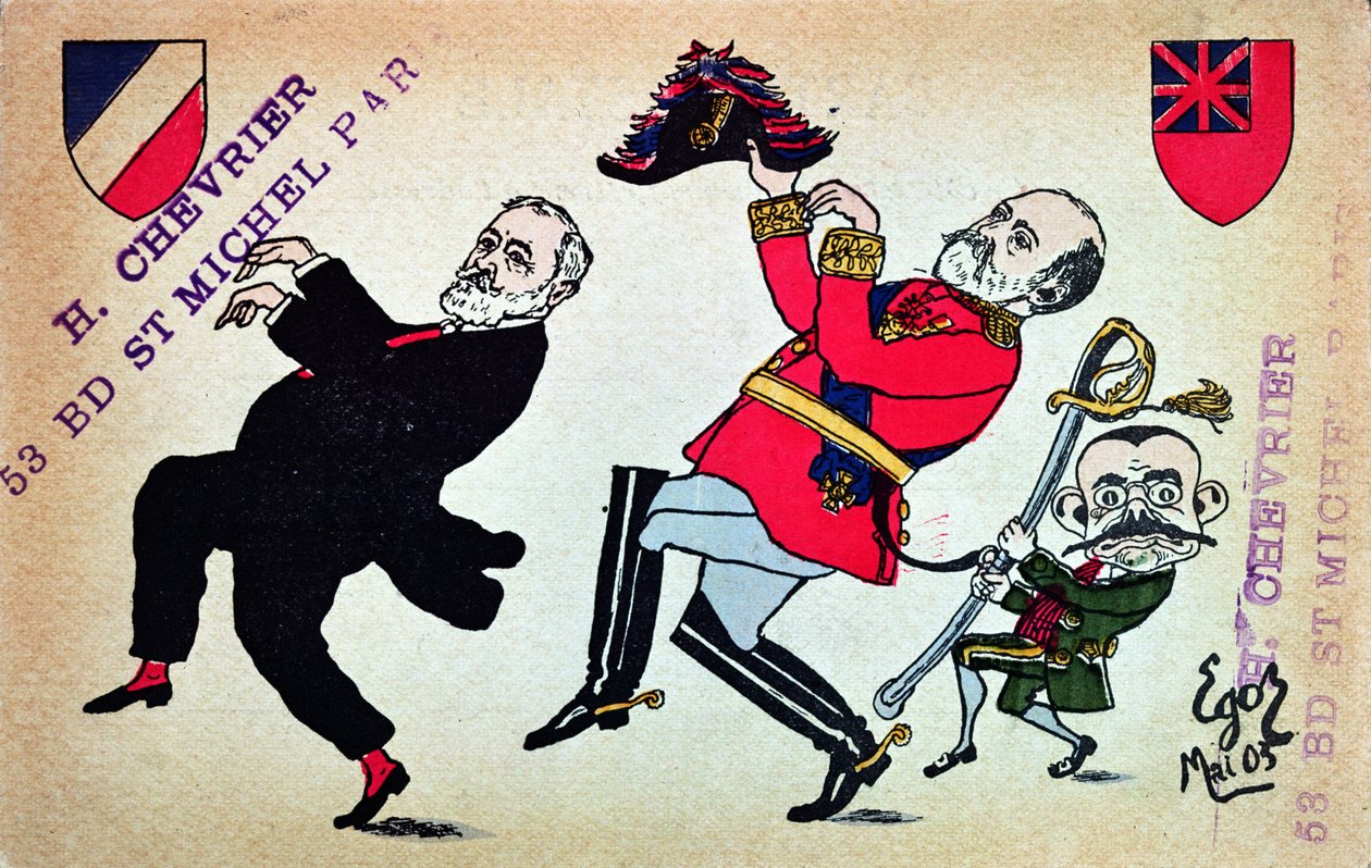 Loubet elnököt (1838-1929), VII. Edward királyt (1841-1910) és Theophile Delcasse-t (1852-1923) ábrázoló képeslap, 1903. május alkotó: French School