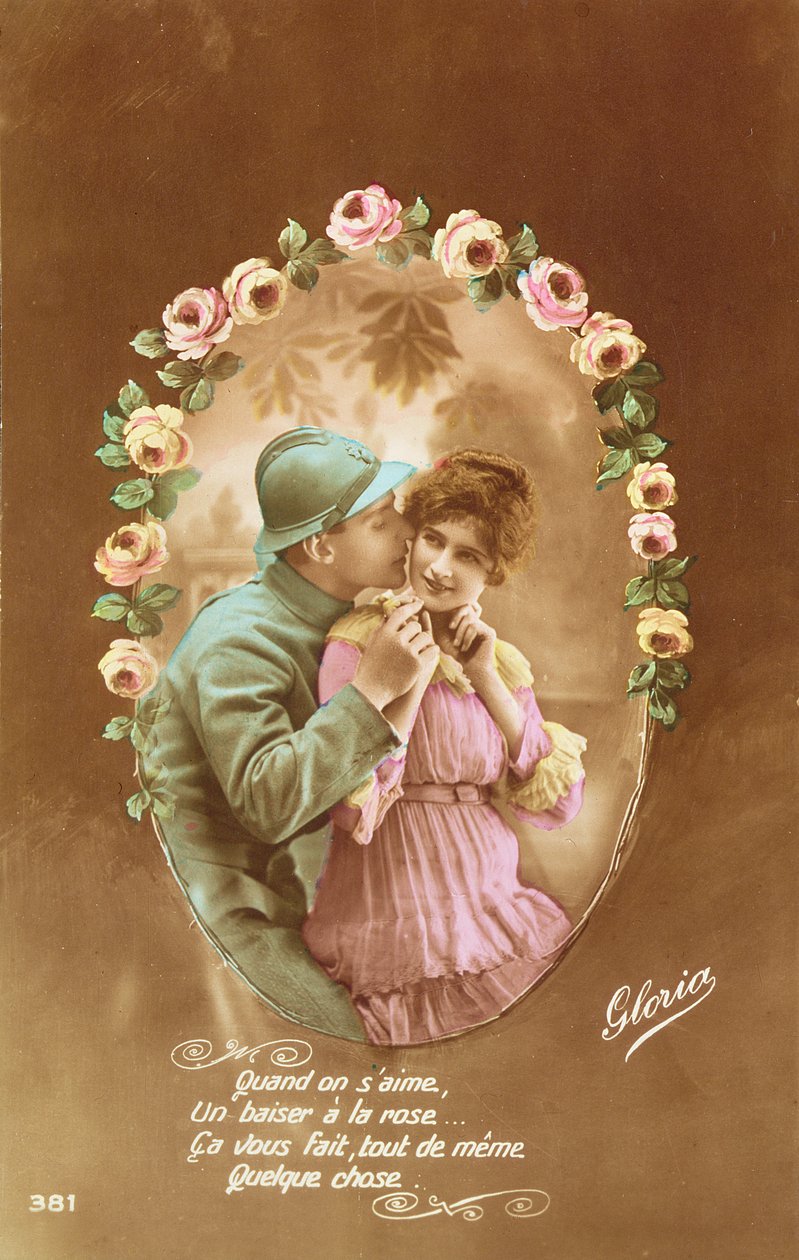 Egy francia katonát és szeretőjét ábrázoló képeslap, 1914-18 (színes fotó) alkotó: French School