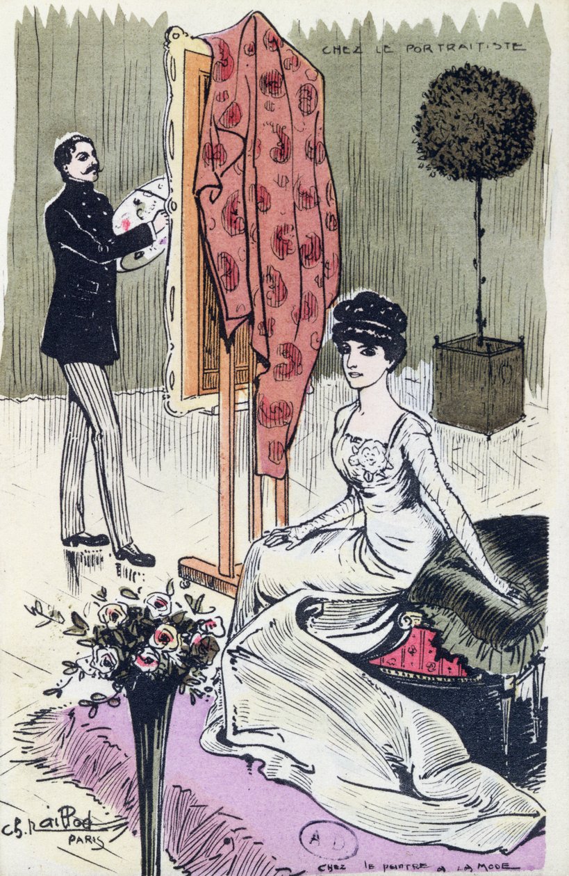 Képeslap, amely egy divatos portréfestőt ábrázol munka közben, 1910 alkotó: French School