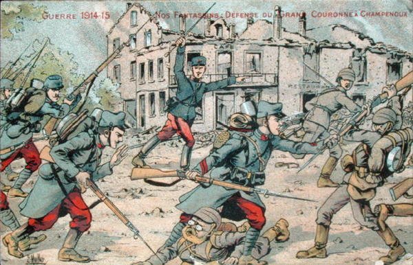 A Champenoux-t védő francia gyalogságot ábrázoló képeslap alkotó: French School