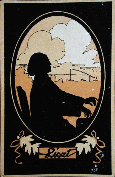 Liszt Ferenc (1811-86) képeslap a magyar vidékkel a háttérben, 1910 körül (színes litó) alkotó: French School