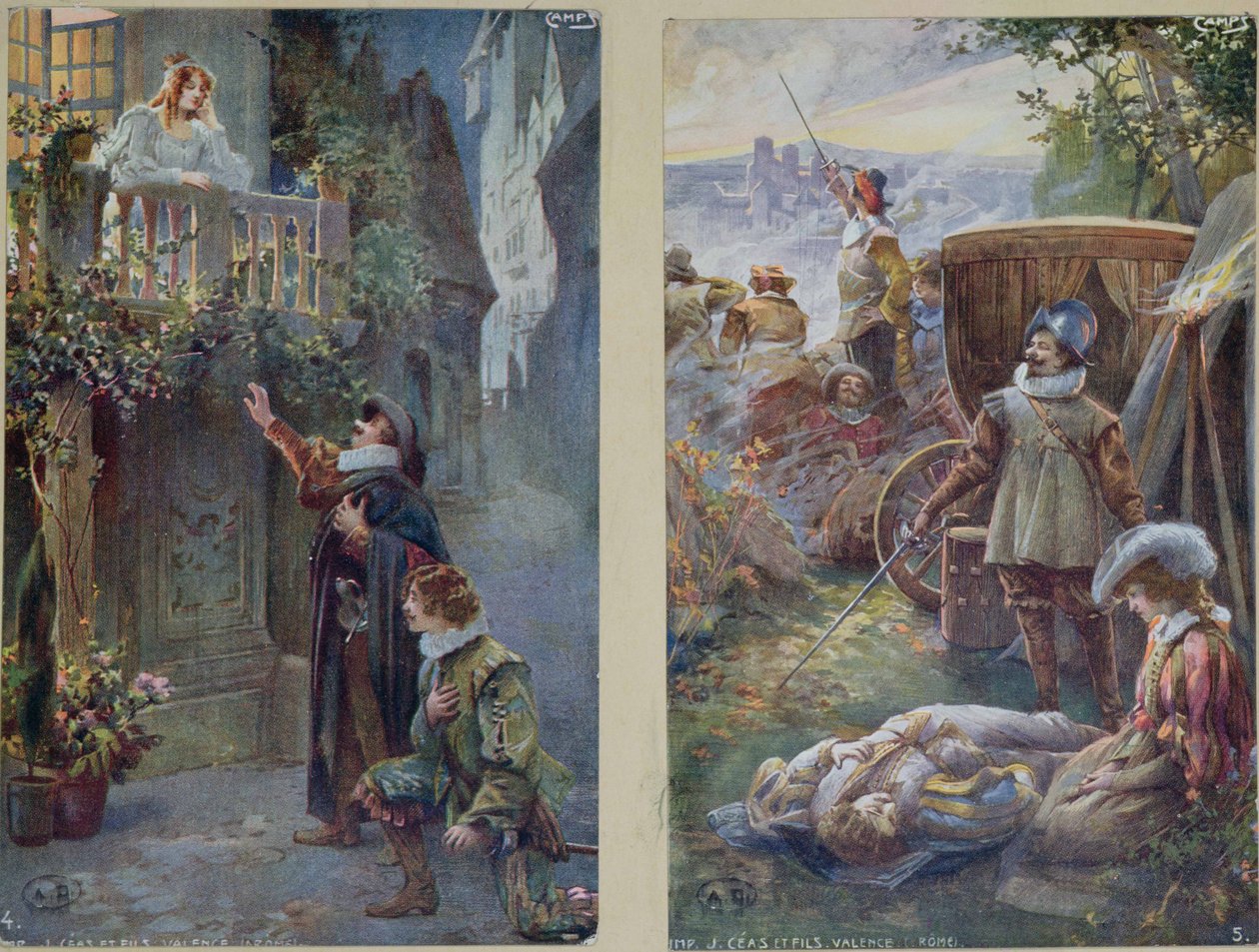 Cyrano de Bergeracot ábrázoló képeslapok Roxanne-nal és Christian halálával, 1900 körül alkotó: French School
