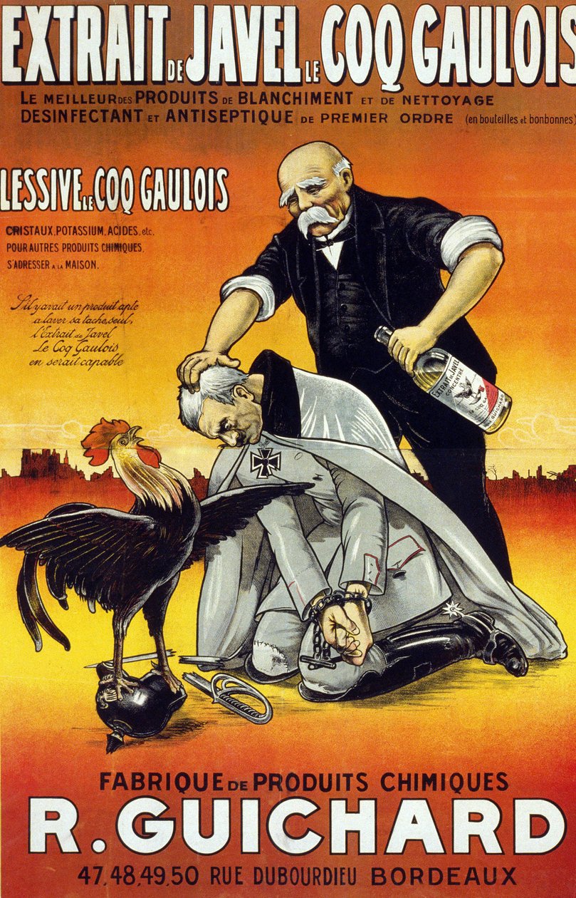 1917-ben Bordeaux-ban megjelent „” Bleach Extract Le Coq Gaulois plakát – a legjobb fehérítő és tisztítószerek – elsőrendű fertőtlenítő és fertőtlenítőszer (palackban és palackban) – Manufacture de produits chimiques René Guichard” alkotó: French School