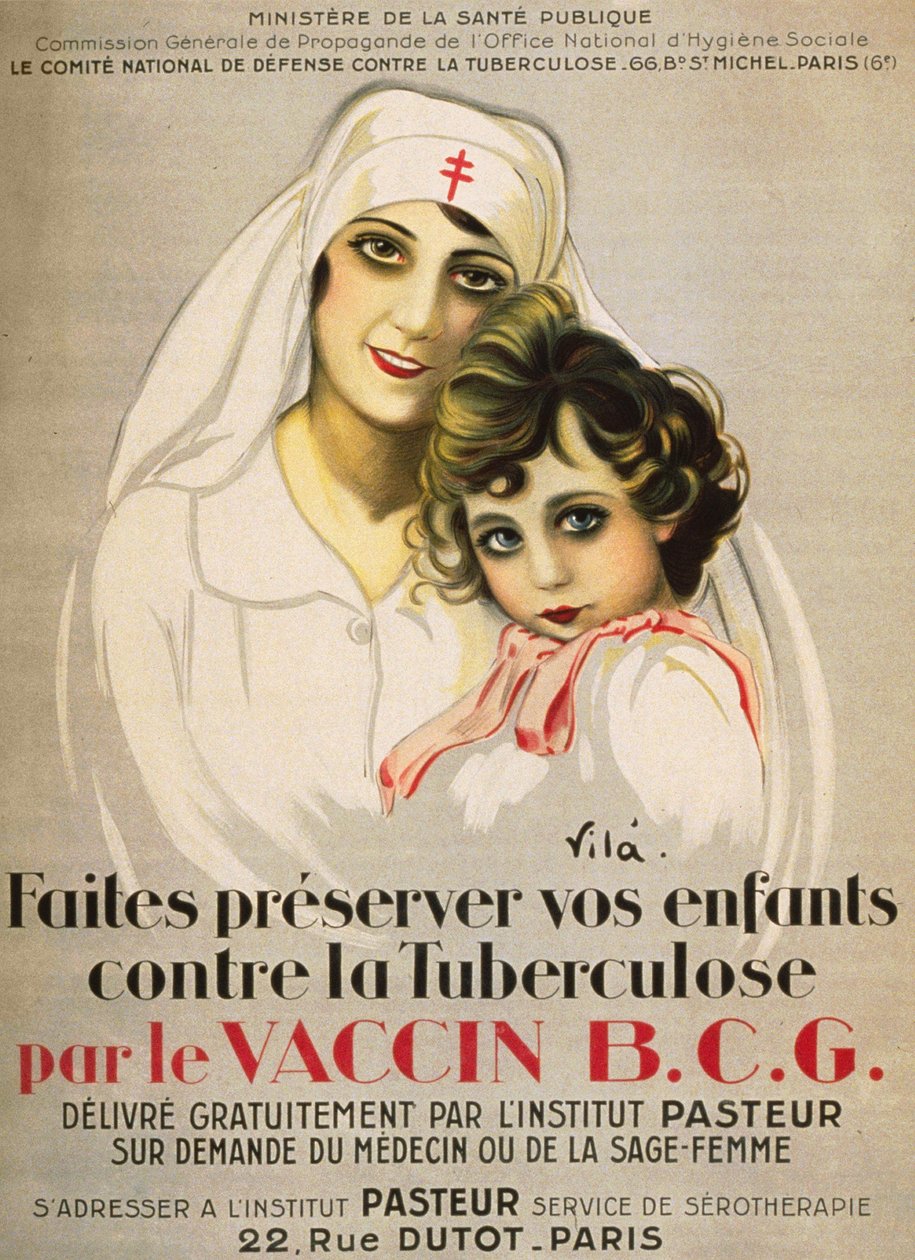 „” plakát Védje meg gyermekeit a tuberkulózis ellen a B.C.G. Az Institut Pasteur által az orvos vagy a szülésznő kérésére ingyenesen kiállított vakcina”, Vilà 1917 alkotó: French School