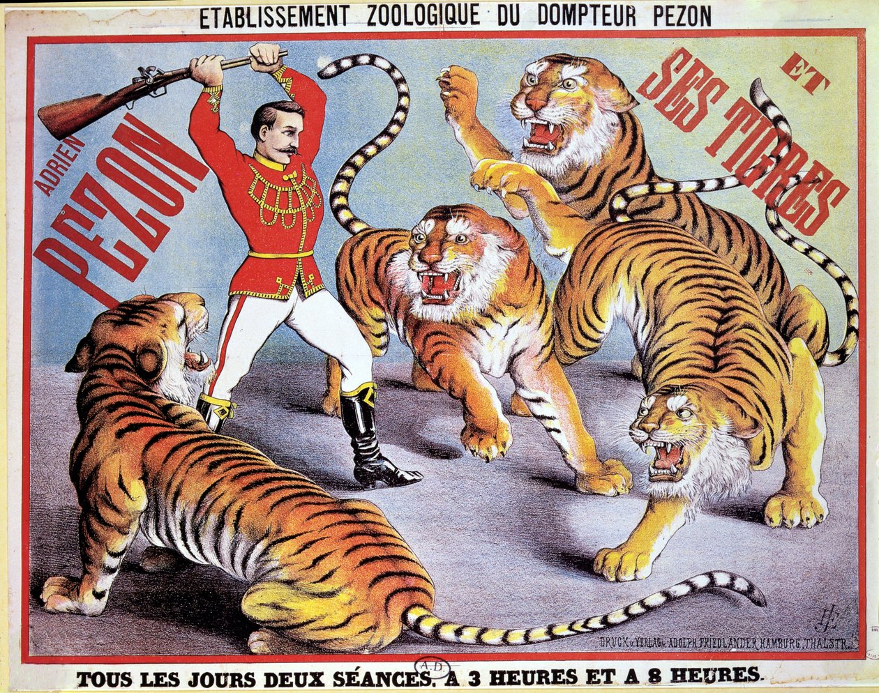 Adrien Pezon és tigrisei reklámplakát, 1897 körül alkotó: French School